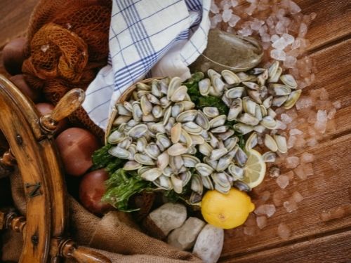 Wedge clams on a wooden board with ice and lemon