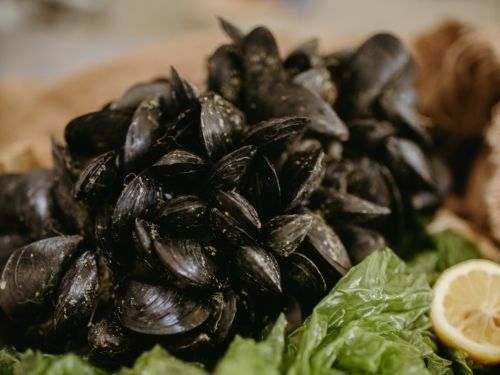 Mussels with a lettuce leaf and lemon