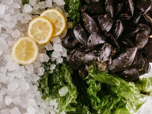 Cozze con ghiaccio, insalata e limone