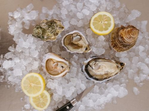Ostriche su fondo di ghiaccio e limone