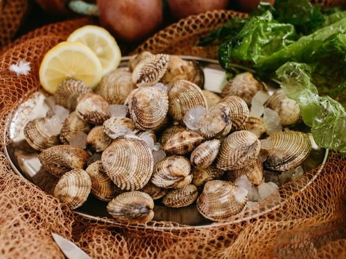Tartufi di mare in cesta con limone e ghiaccio